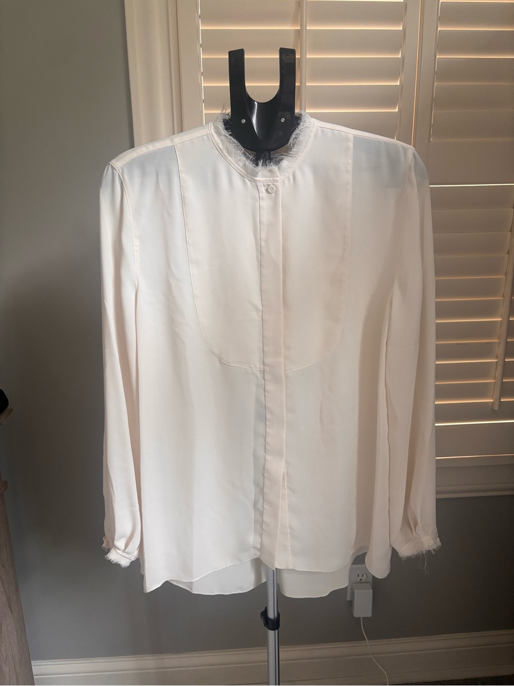 Elizabeth and James Cream-White Frayed-Trim Long Sleeve Dress Shirt